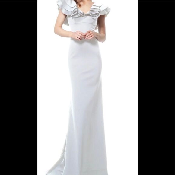 NEW JOVANI 68793 ivory ruffle V neck evening gown dress 6